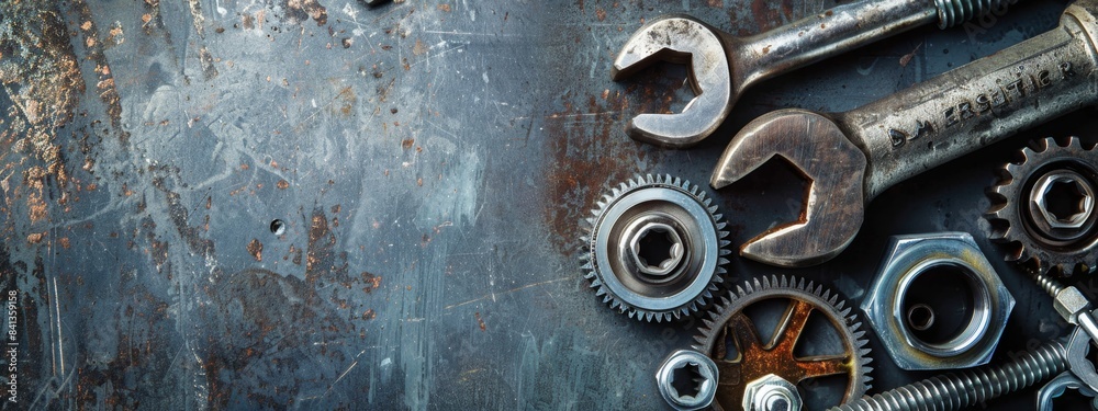 Mechanical Tools and Gears. Metal Background with Pipeline and Wrench ...