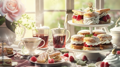 A Classic English Afternoon Tea With Finger Sandwiches, Scones With Clotted Cream, And A Variety Of Teas