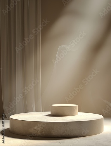 a minimalistic platform for displaying products, presented in neutral colors. Background gradient from light gray to dark beige. There is smoke and tulle in the background.