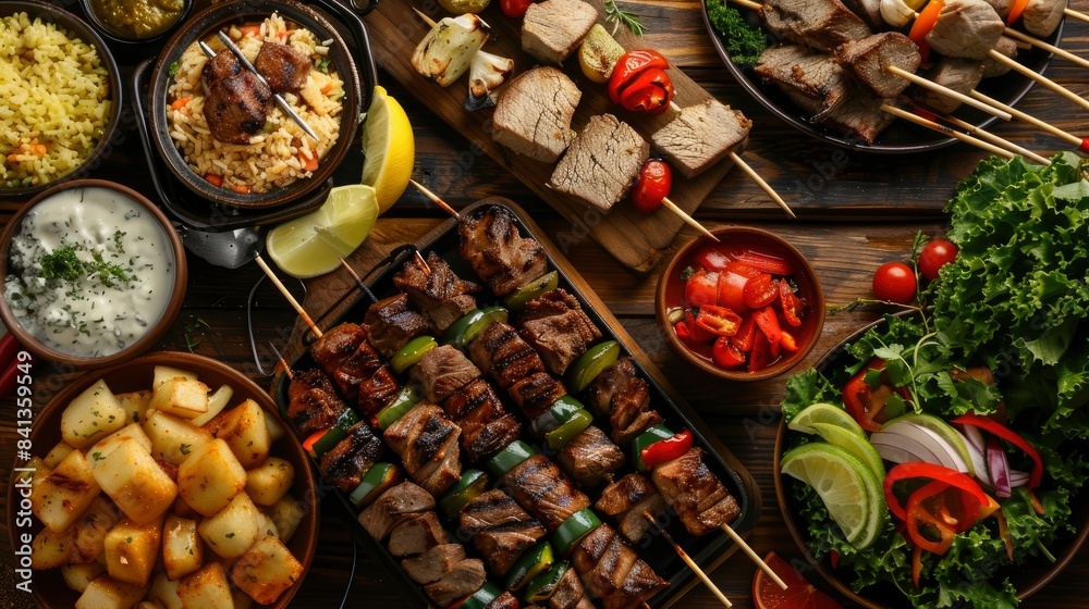 Fototapeta premium A Festive Brazilian Churrasco With Skewers Of Grilled Meats, Salads, And Traditional Side Dishes