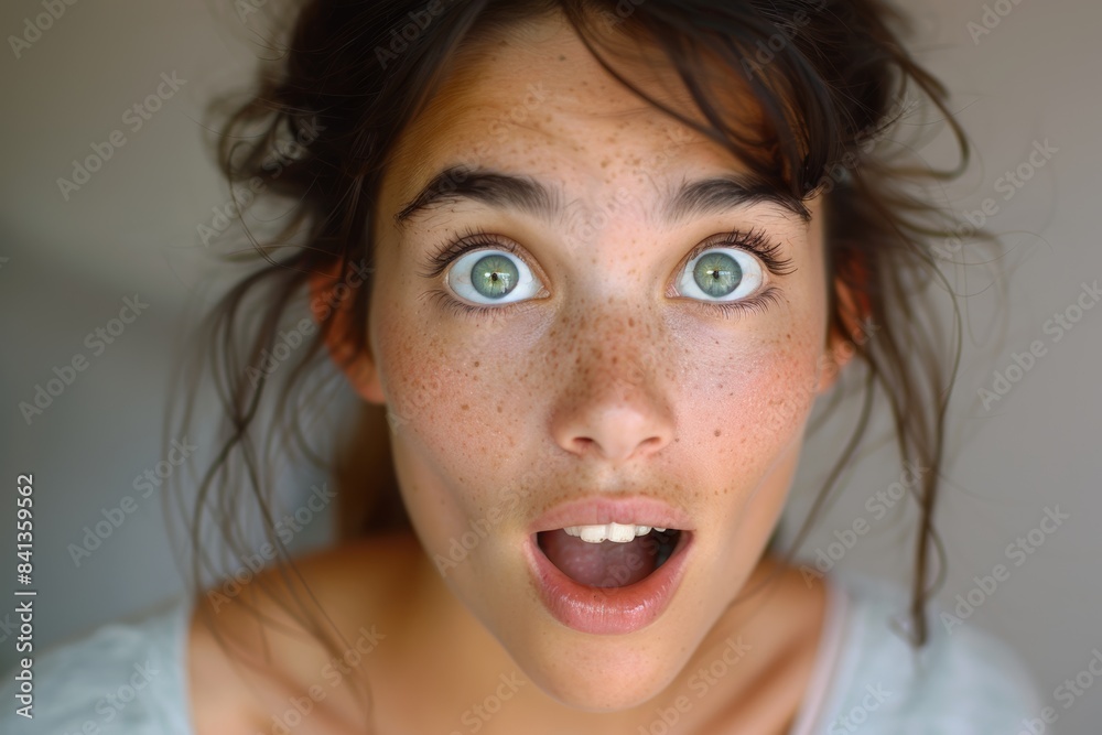 A vivid depiction of surprise captured on the face of a young woman, her eyes wide open and mouth slightly agape in astonishment A vivid depiction of surprise captured on the face of a young woman, her eyes wide open and mouth slightly agape in astonishment