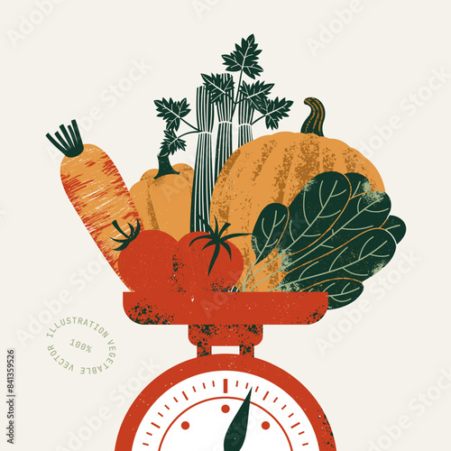 Vintage scale with a bunch of fresh vegetables. Pumpkin with celery and carrot with tomatoes. Vector illustration