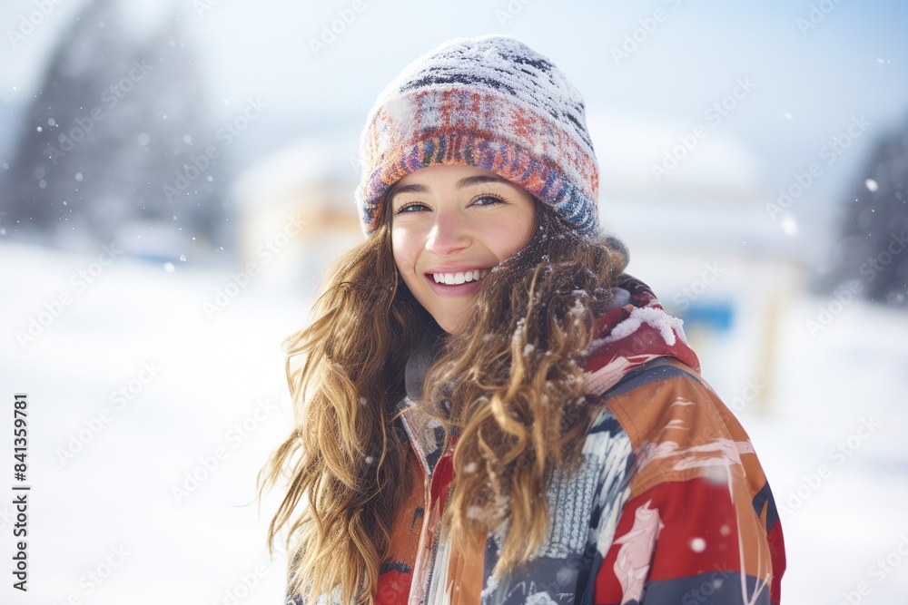 A girl in a sports helmet at a ski resort, stands on a sunny day in ski gear and glasses and looks smiling at the camera. A girl in a sports helmet at a ski resort, stands on a sunny day in ski gear and glasses and looks smiling at the camera.