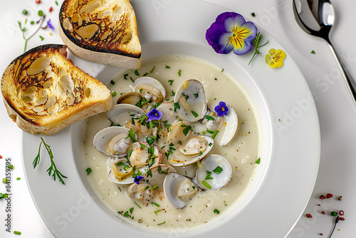 a plate of soup with flowers and bread photo
