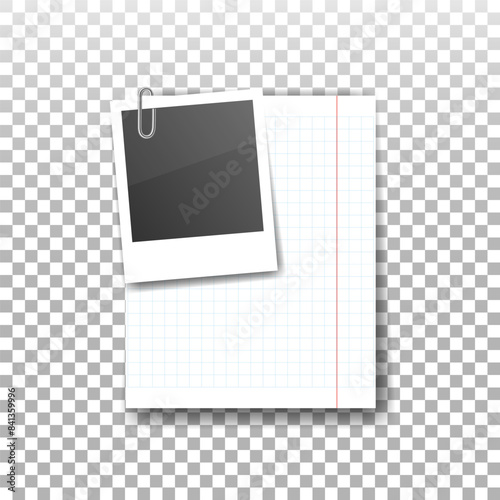 Vintage photo frame and white squared paper sheet with paper clip isolated on transparent background. Note reminder concept. Realistic retro design. Vector illustration.