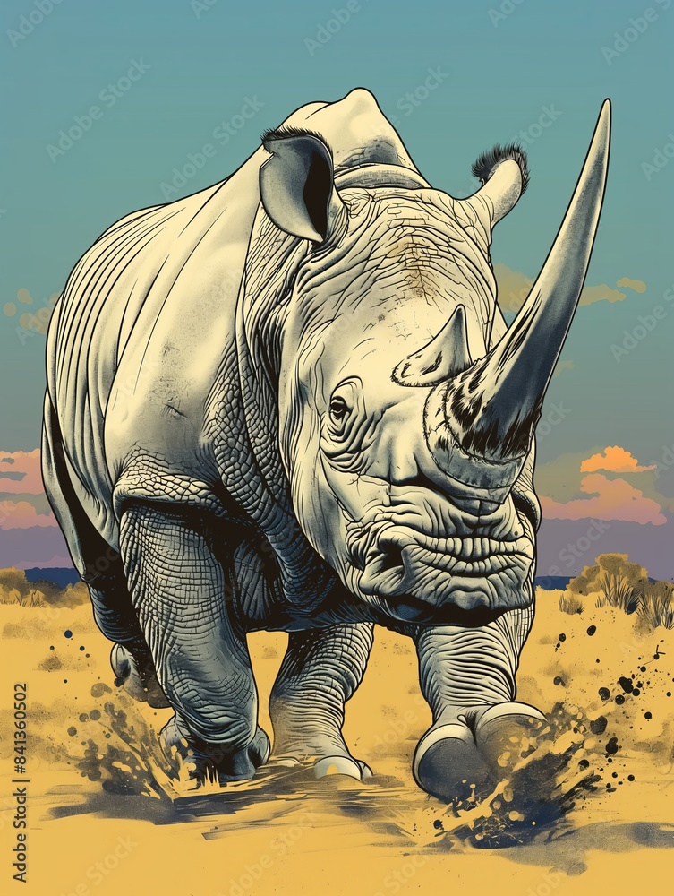 Fototapeta premium A rhino charges across a desert landscape, depicted in a colorful and detailed style against a blue sky.
