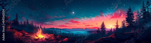 Campfire beneath colorful night sky, Pop Art, Bold colors, Graphic design, High contrast and retro style 8K , high-resolution, ultra HD,up32K HD