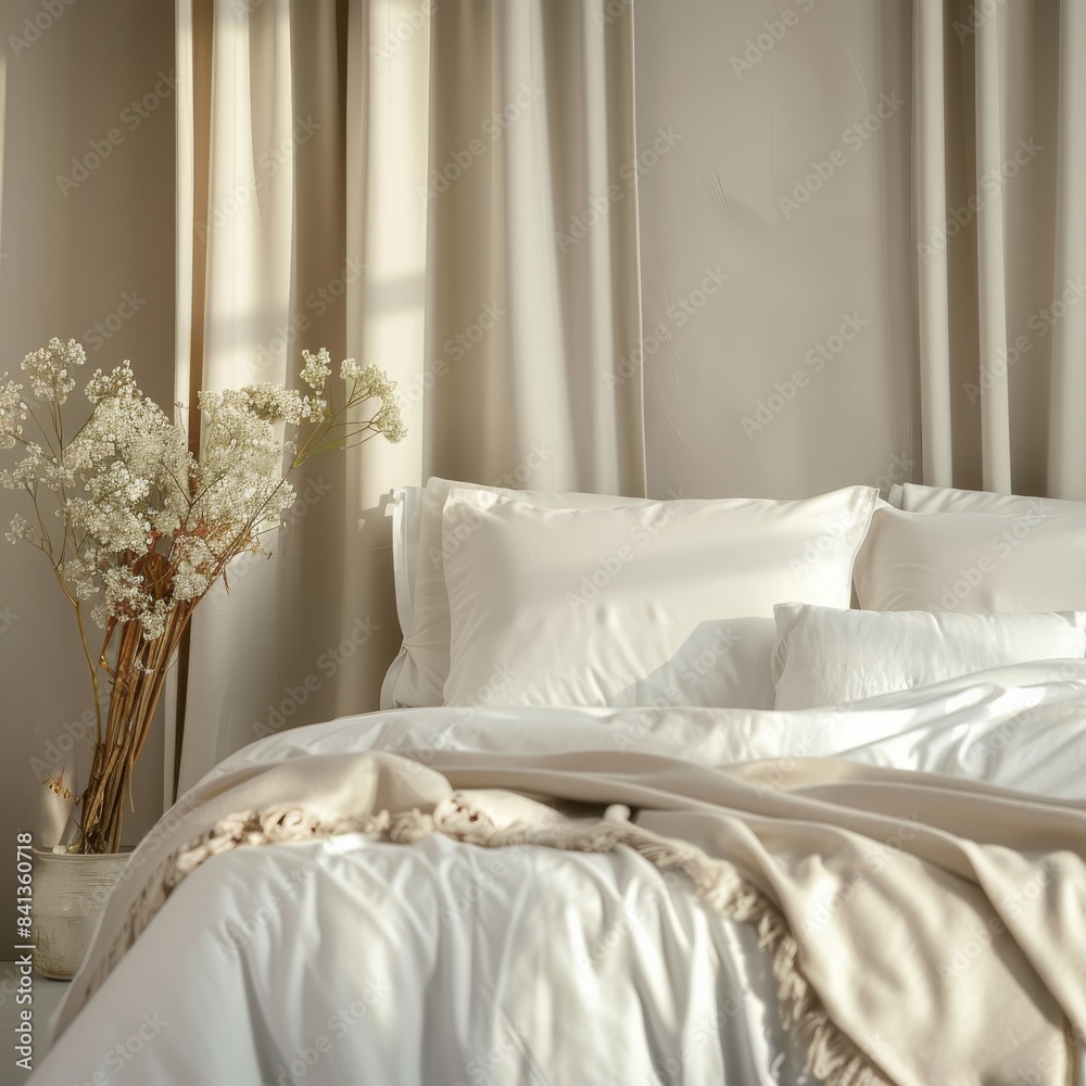 Cozy bedroom with soft, white bedding and neutral decor, highlighted by natural light and delicate dried flowers in a vase. Cozy bedroom with soft, white bedding and neutral decor, highlighted by natural light and delicate dried flowers in a vase.