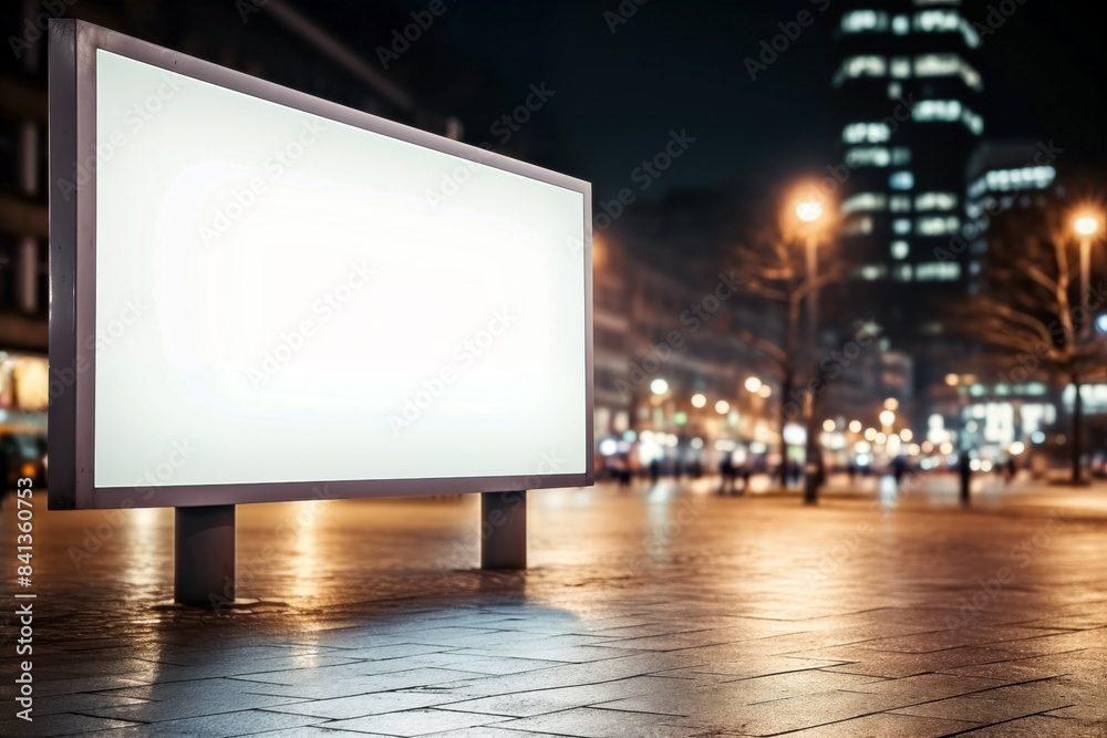 Empty Billboard on City Street at Night. Mock up, copy space, Shallow depth of feld Empty Billboard on City Street at Night. Mock up, copy space, Shallow depth of feld