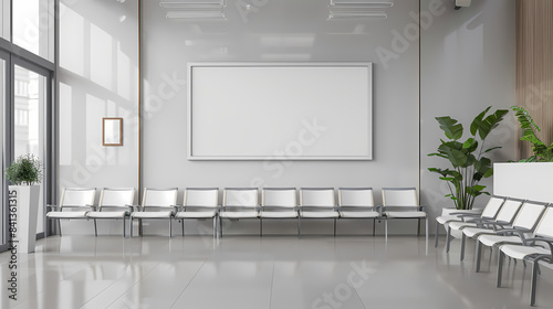 A mockup of an empty white poster on the wall in modern hospital waiting room with comfortable chairs and medical equipment. empty white blank poster on white wall in hospital  white board