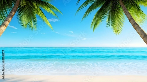 Tranquil Deserted Beach Background Framed with Palm Trees  Azure Sky Blue Ocean