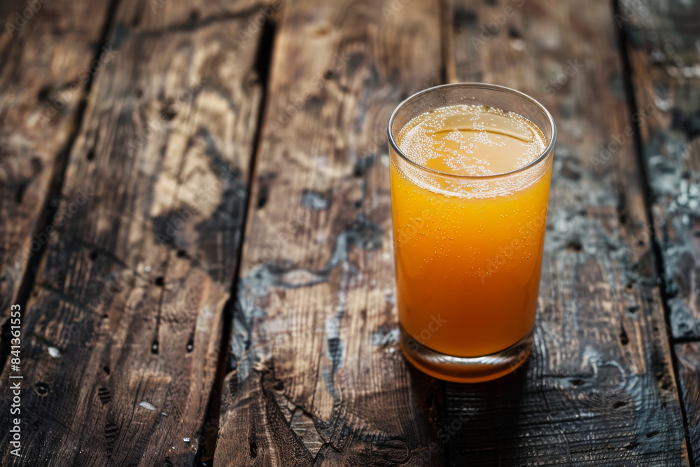 close up horizontal image of a glass of orange carbonated drink over a worn wooden table, copy space close up horizontal image of a glass of orange carbonated drink over a worn wooden table, copy space