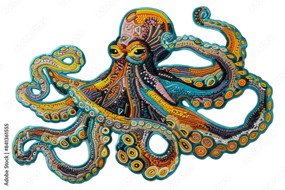 Fototapeta premium Vibrant Handcrafted Embroidered Octopus Art - Intricate Textured Textile Artwork