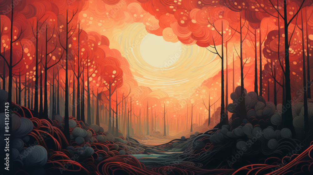 horizontal cartoon illustration of a fantasy forest at sunset