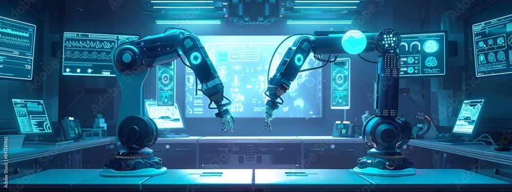 Fototapeta premium Advanced Technology and Future Robotics in Healthcare. Robotic Arm for Precision Surgery and Remote Control Medical Equipment. Automation in Healthcare Operations. 4K HD Wallpaper Background with AI-G