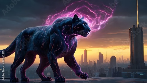 An electrifying sovereign plasma panther, its sleek form crackling with ethereal energy and luminous hues of magenta and indigo © Sabit