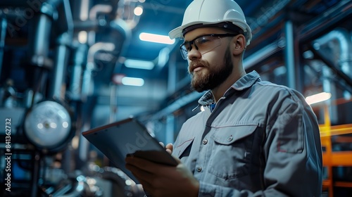 Focused Engineering Technician Examining Equipment in Industrial Workspace