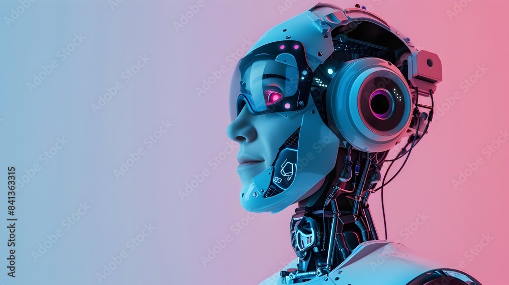 Futuristic Portrait of Happy Robot Whisperer Working on Colorful Digital Background Futuristic Portrait of Happy Robot Whisperer Working on Colorful Digital Background