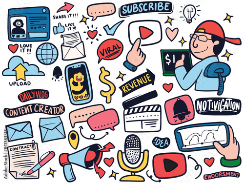 Hand drawn of content creator stickers set in colorful style. Multimedia and entertainment concept.