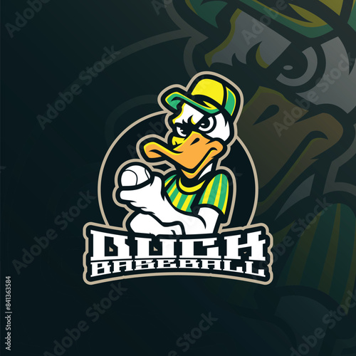 Duck mascot logo design vector with modern illustration concept style for badge, emblem and t shirt printing. Baseball duck illustration for sport team.