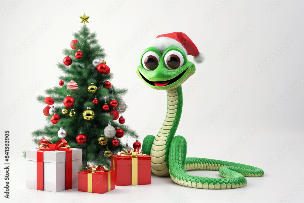 Naklejka premium A cute cartoon green snake in a Santa hat is sitting next to the Christmas tree. An illustration of a New Year's animal on a white background.