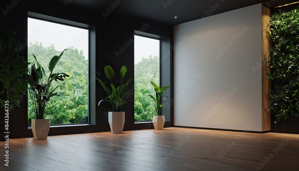 Fototapeta premium A black room with plants and a window plants mockup
