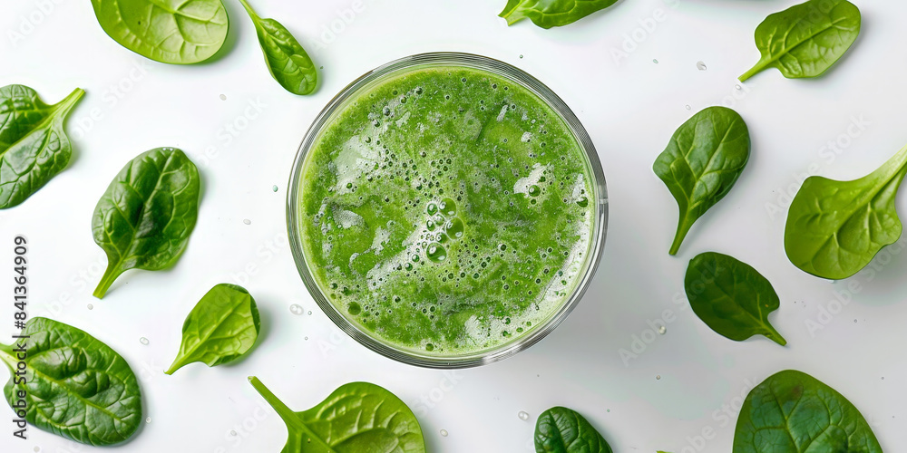 Fresh green smoothie in a glass surrounded by spinach leaves on a white background, highlighting a healthy and nutritious drink perfect for wellness and detox themes.. Fresh green smoothie in a glass surrounded by spinach leaves on a white background, highlighting a healthy and nutritious drink perfect for wellness and detox themes..