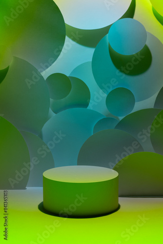 Abstract stage for presentation cosmetic products, goods - one round podium mockup in dark blue acid green glowing light, bubbles fly decor. Template for showing cosmetics in vr black friday style.