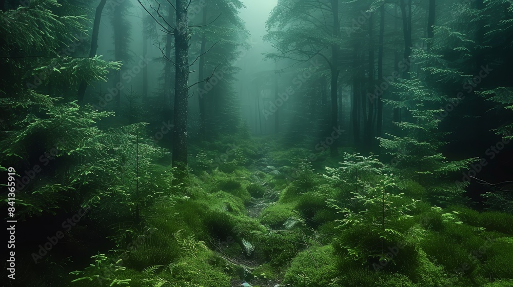 Obraz premium Magical and aesthetic dark green forest, small grey stones between trees, light fog, natural light. Generative AI.