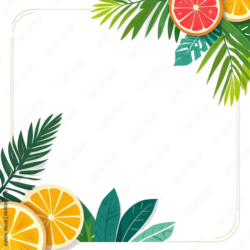 summer frame on white background with copy space, fruits and palm trees