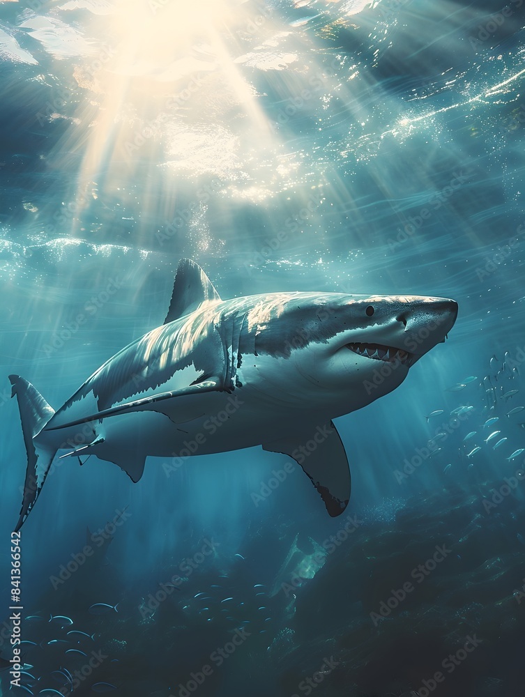 Fototapeta premium Powerful Great White Shark Swimming Through Sunlit Underwater Seascape with Vibrant Blue Waters and Dramatic Lighting