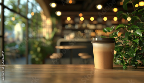 Coffee paper on a table of a cafe in front of a backdrop  a bokeh effect  rim light  and algeapunk aesthetics.