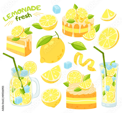 Set of illustrations of fresh lemon, lemon desserts and lemon drinks in flat style. Flat cartoon design for postcards and stickers, birthday party invitation.