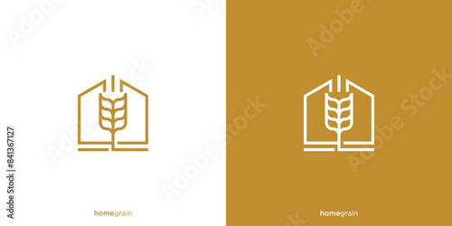 Home Grain Logo Design. House Wheat Grain with Line art Outline Style. Agriculture and Food Logo, Icon, Symbol, Vector, Design Template.