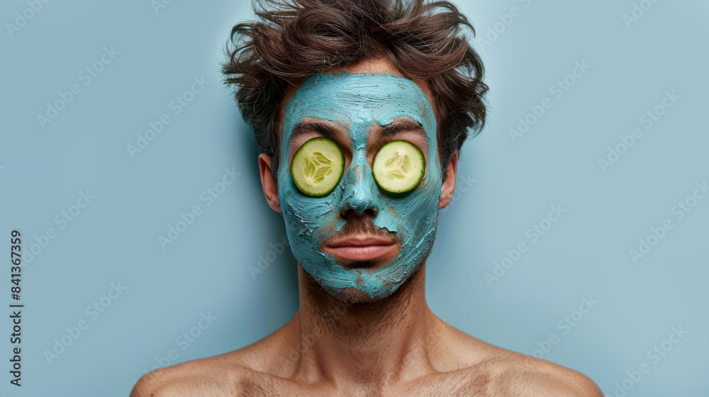 Unshaven man applying cucumber slices to his face for skin care treatment Unshaven man applying cucumber slices to his face for skin care treatment