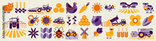 Summer pattern. Agriculture, animal husbandry. Ancient mosaic style. Simple geometric shapes. Textile background of grain, poultry, domestic animals, beekeeping, agricultural machinery, flowers.