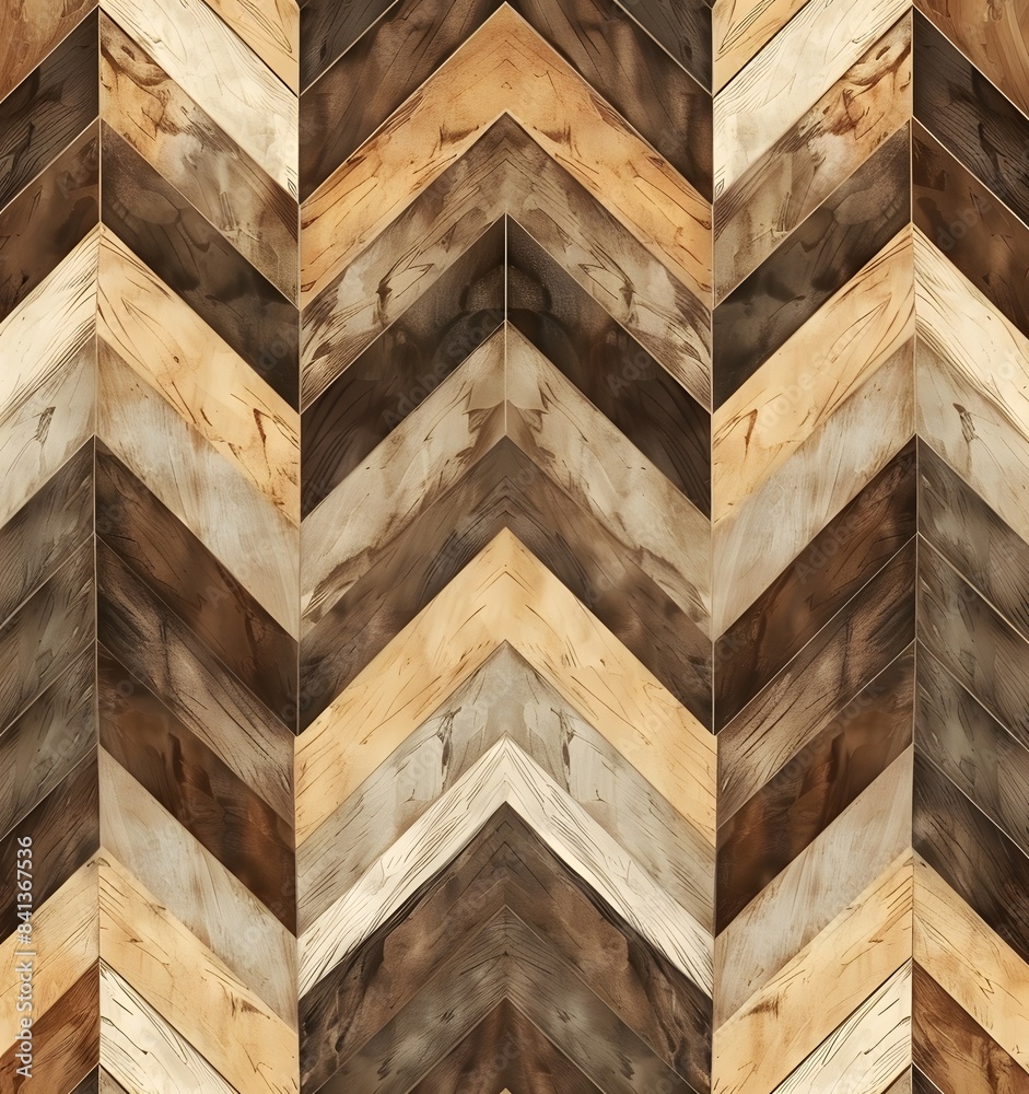A pattern of wooden chevron planks, with each piece displaying different wood tones and textures for an organic feel A pattern of wooden chevron planks, with each piece displaying different wood tones and textures for an organic feel