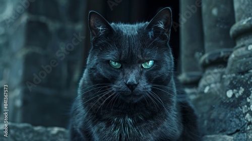 Close-up of a black cat with piercing green eyes sitting in front of an old stone building, exuding mystery and elegance.