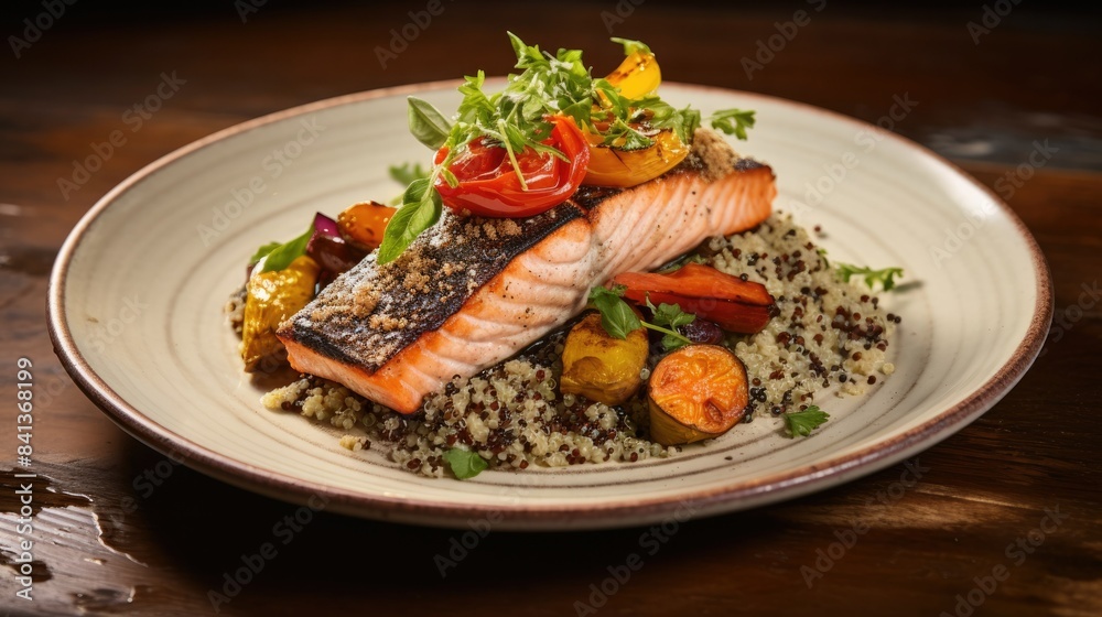 Photograph of a salmon fillet baked with roasted vegetables and a side of quinoa Photograph of a salmon fillet baked with roasted vegetables and a side of quinoa