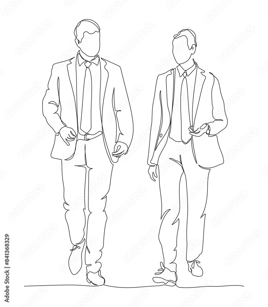 2 businessmen talking and walking. Wear suits, tie. Continuous line drawing. Black and white vector illustration in line art style. 2 businessmen talking and walking. Wear suits, tie. Continuous line drawing. Black and white vector illustration in line art style.