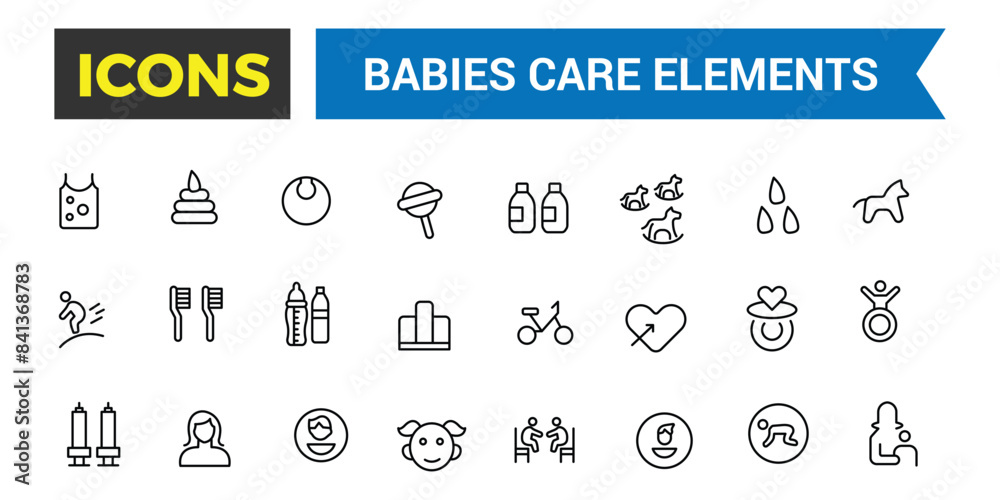 Babies, baby toys, feeding and care elements icon set. Outline icons pack. Editable vector icon and illustration. Babies, baby toys, feeding and care elements icon set. Outline icons pack. Editable vector icon and illustration.