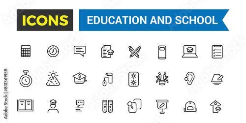 Education and back to school icons set. Outline icons pack. Editable vector icon and illustration.