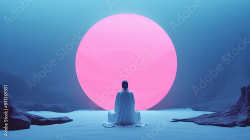Serene Meditative Woman Facing a Glowing Neon Sun in a Mystical Landscape