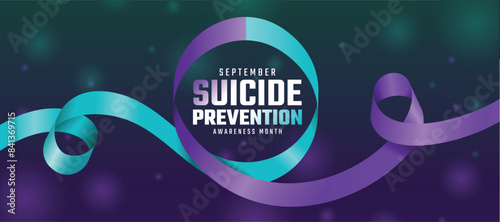 Suicide prevention awareness month - Text in teal purple ribbon awareness roll waving on dark purple bokeh light background vector design