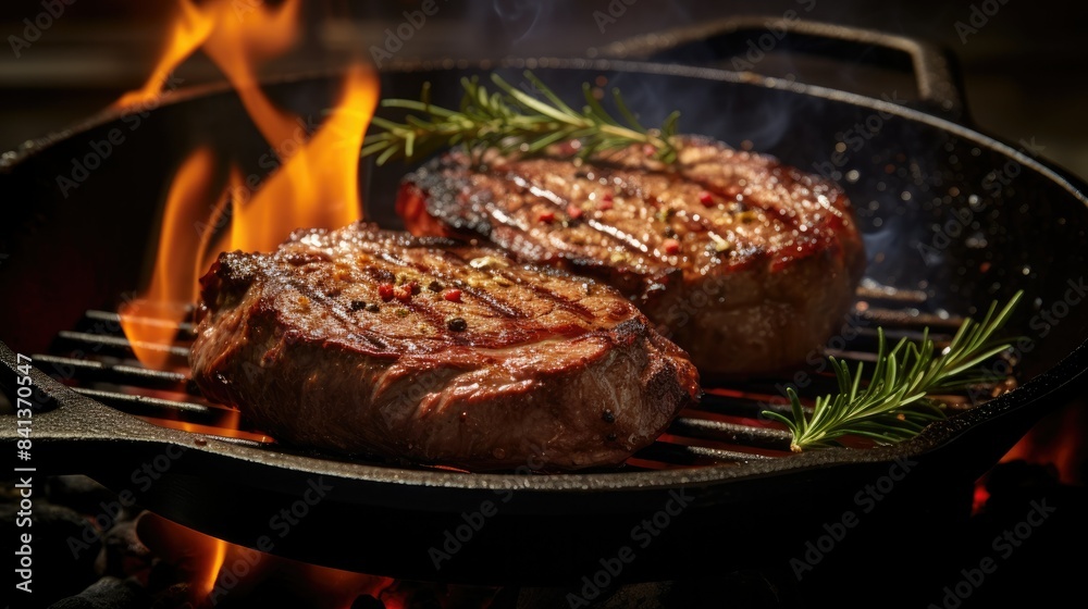 Photograph of a sizzling ribeye steak on a cast iron skillet, with flames licking up the sides.