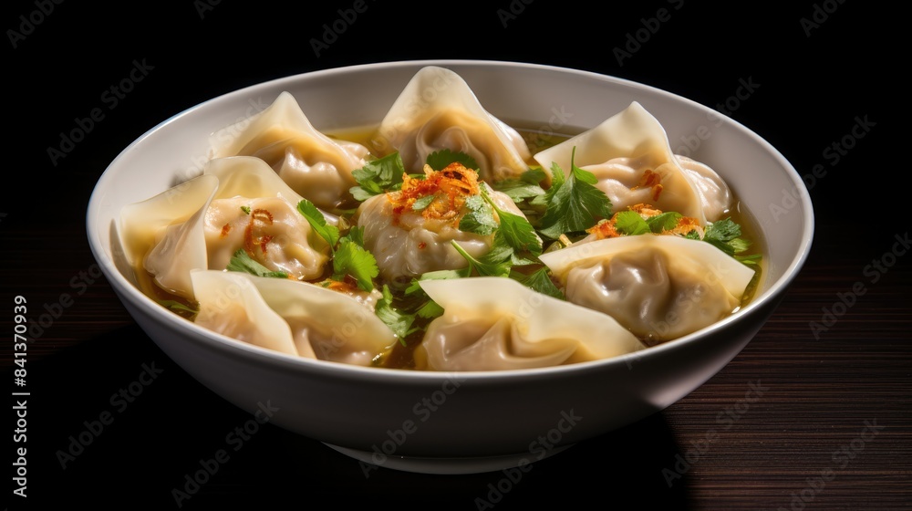 Photograph of a steaming bowl of pork wonton soup with delicate wontons, fresh cilantro, and a sprinkle of crispy shallots, set against a clean white background Photograph of a steaming bowl of pork wonton soup with delicate wontons, fresh cilantro, and a sprinkle of crispy shallots, set against a clean white background