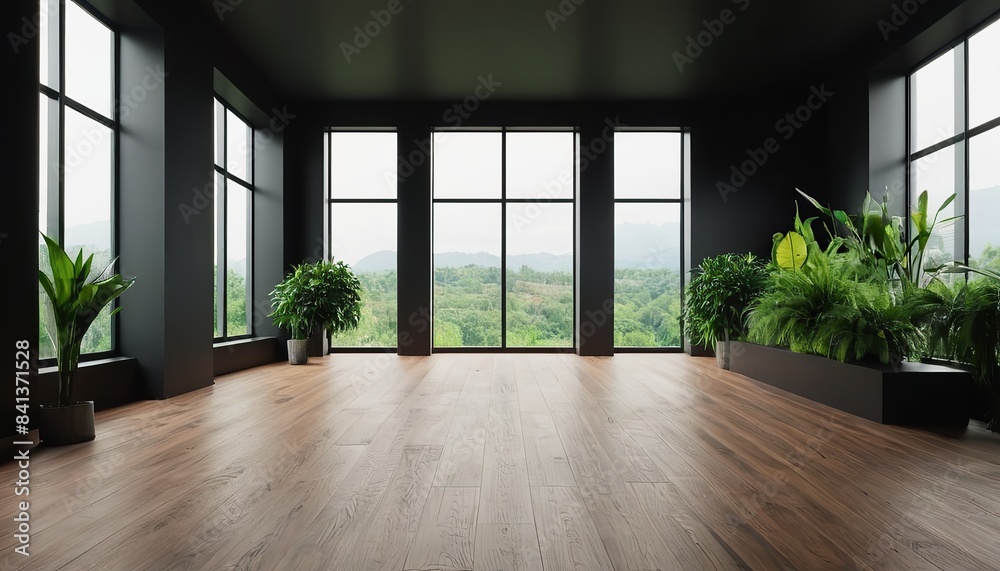 Fototapeta premium Black background empty room with plants on a floor