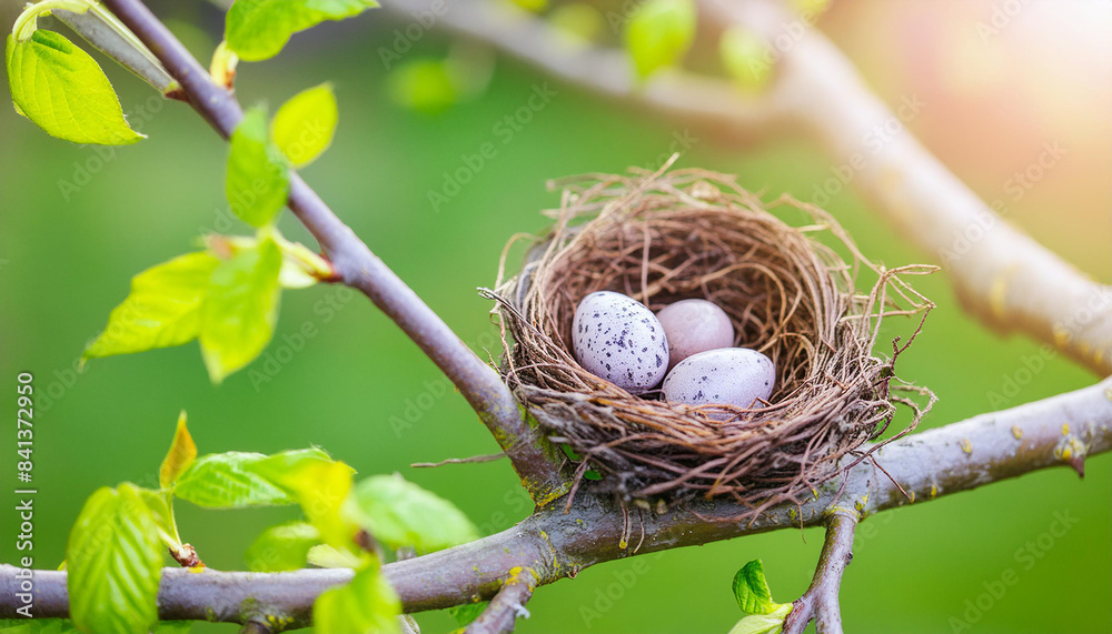 Nest with bird eggs on tree branch. Natural forest scene. Beautiful nature. Wildlife image. Close-up Nest with bird eggs on tree branch. Natural forest scene. Beautiful nature. Wildlife image. Close-up