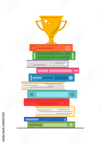 Stack of colorful books with golden cup. Education concept illustration.