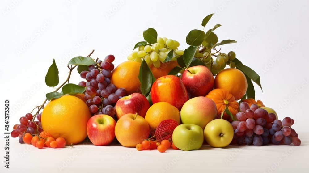 Photograph of a vibrant still life of organic fruits, including apples, oranges, and berries, set against a crisp white backdrop Photograph of a vibrant still life of organic fruits, including apples, oranges, and berries, set against a crisp white backdrop